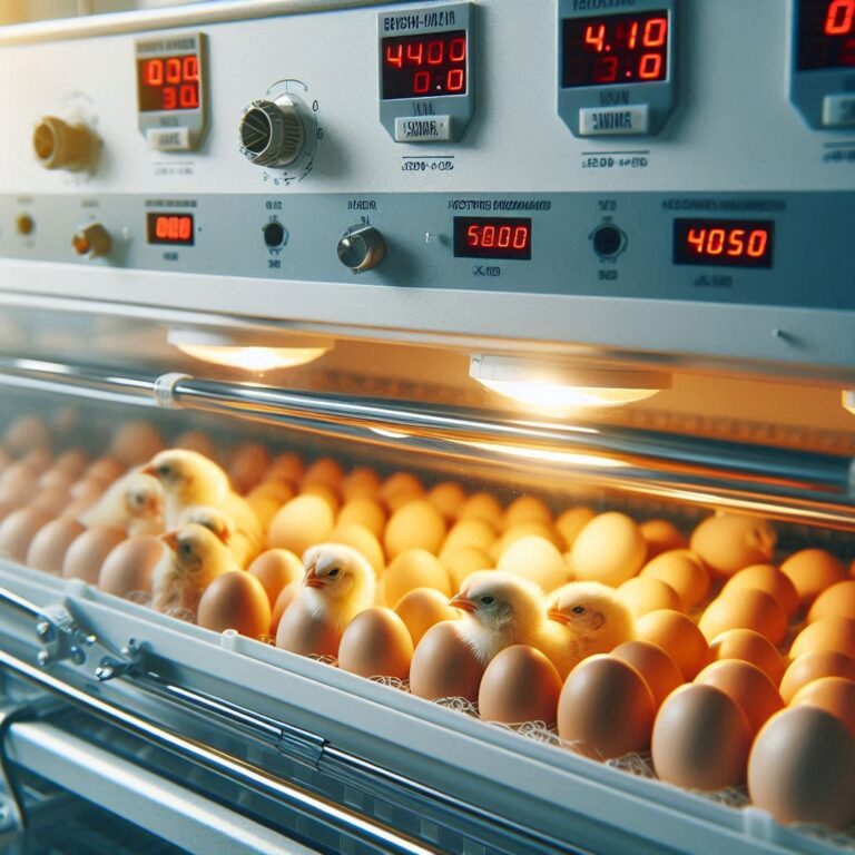 Broiler hatching eggs in an incubator for high-yield broiler production.